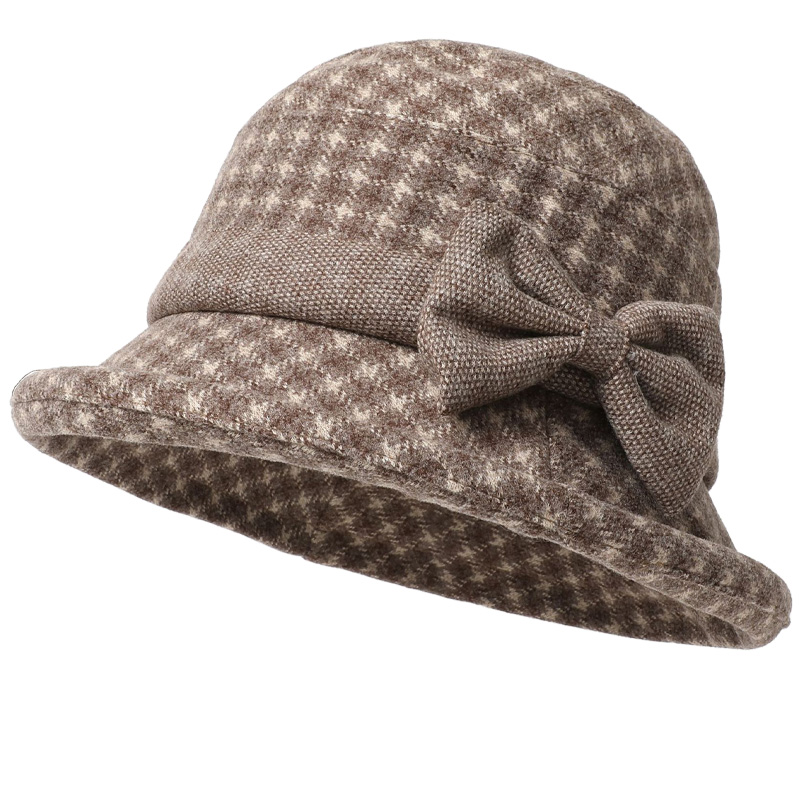 Lady's Fashionable Retro Woolen Fisherman Hat with Check Pattern - a Mother's Knitted Warm Cotton Hat for Autumn and Winter.