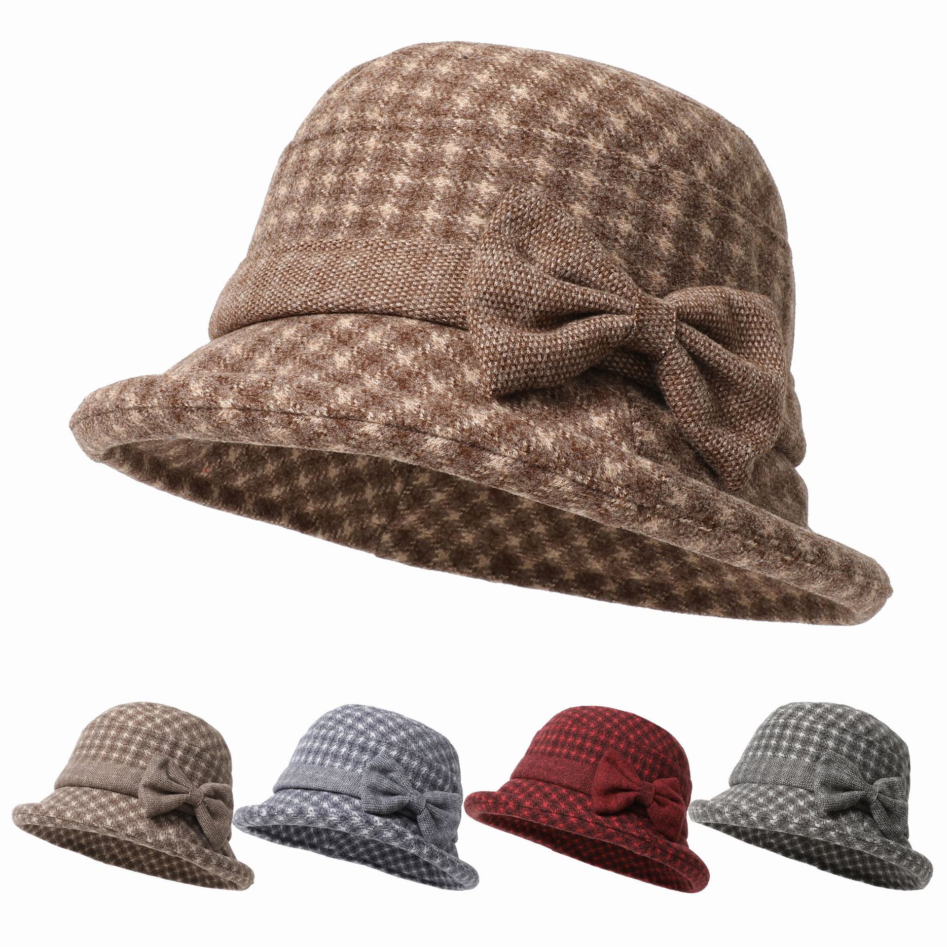 Lady's Fashionable Retro Woolen Fisherman Hat with Check Pattern - a Mother's Knitted Warm Cotton Hat for Autumn and Winter.