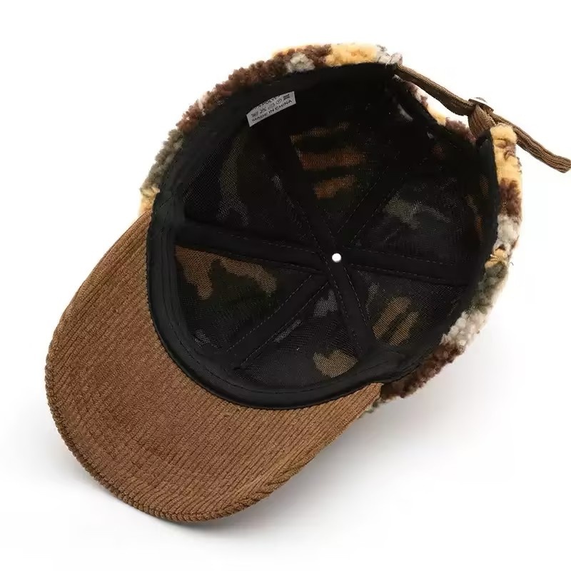 2025 New Fashion High Quality Camouflage 6-Panel Fleece-Lined Corduroy Hand Embroidery Common Warm Winter Baseball Cap