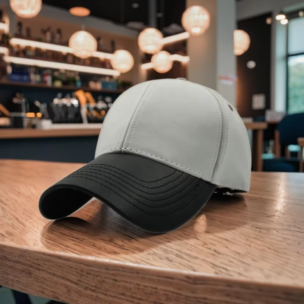 Custom High Quality 6 Panel Baseball Cap in Faux Leather Oxford Fabric with Custom Logo for Sports