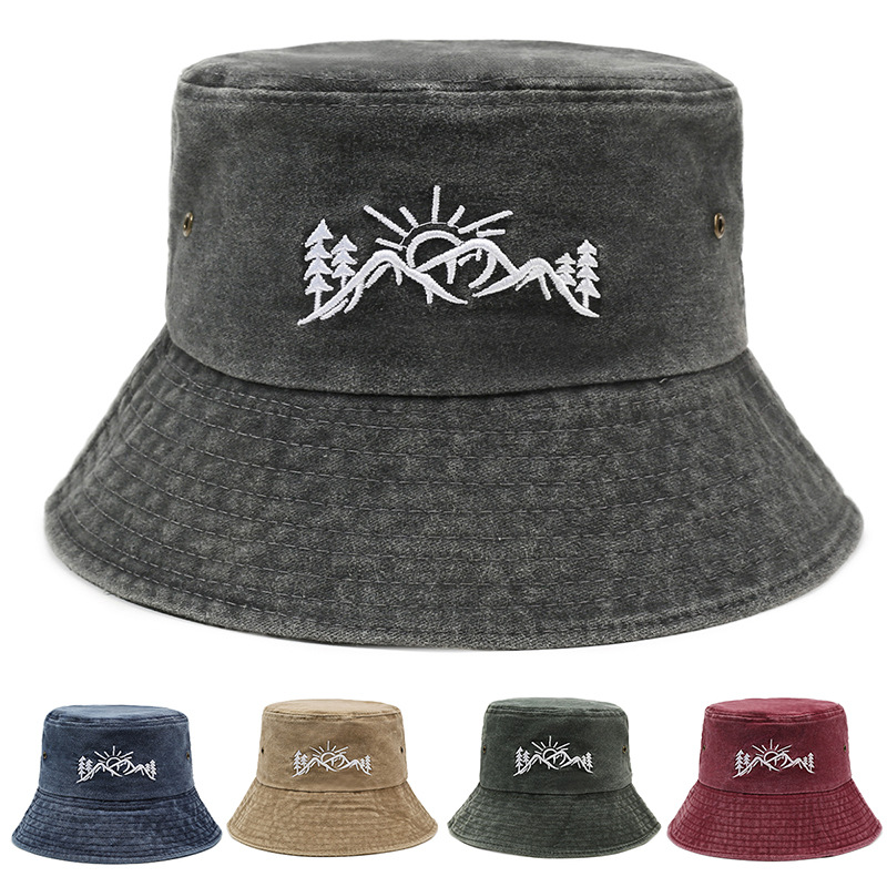New Embroidered Fishing Hat Washed and Distressed Outdoor Fishing Sun Hat Street Bucket Hat
