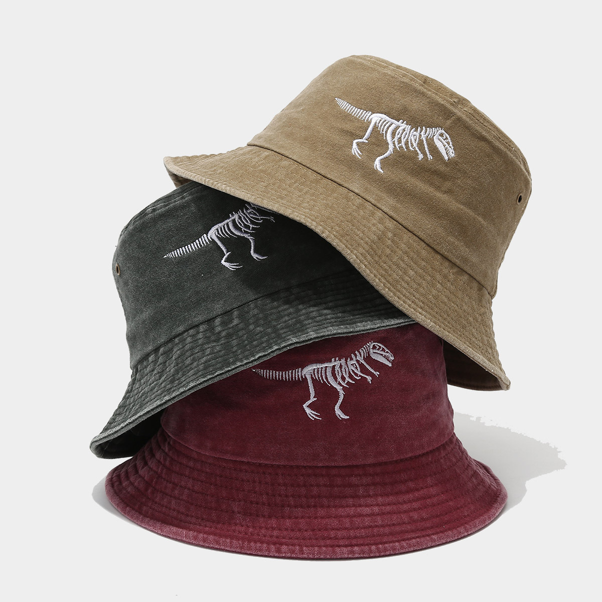 Dinosaur Skeleton Embroidered Fishing Hat Water Washed Distressed Outdoor Sun Hat Fashionable Bucket Hat