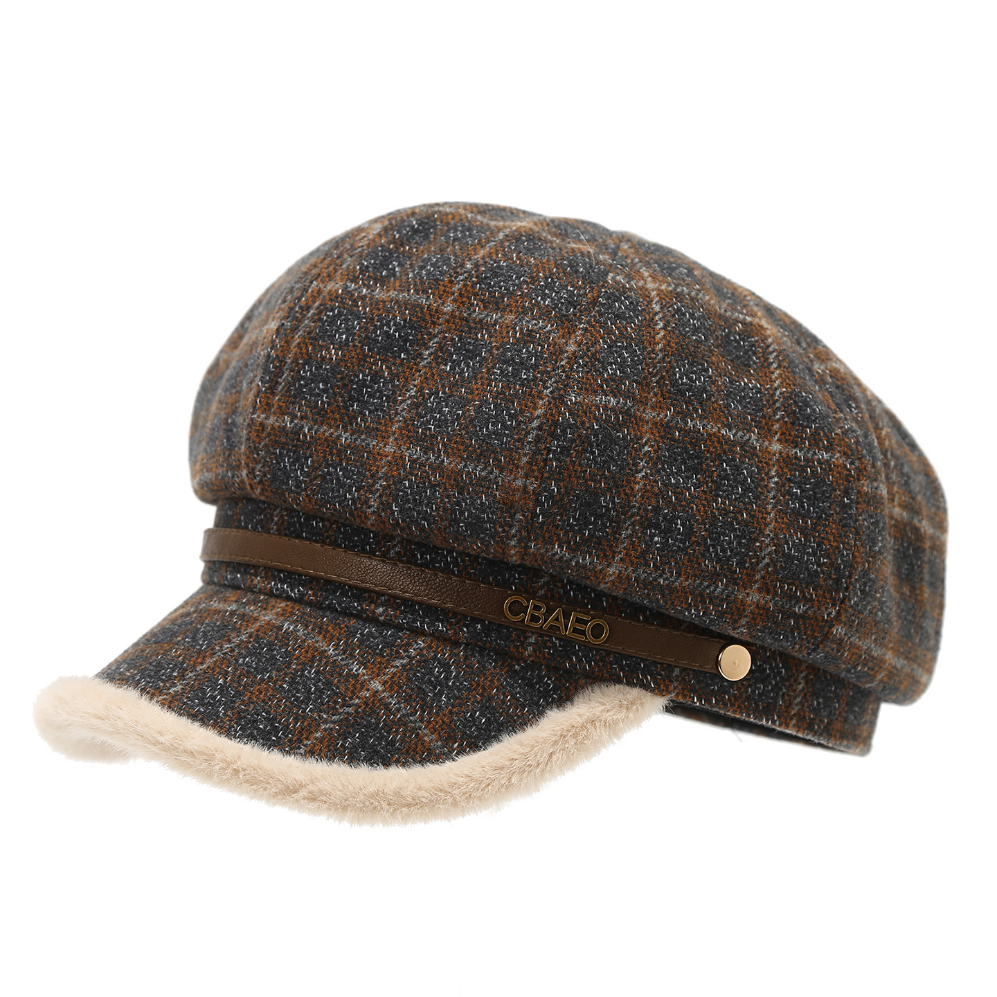 Customized High-quality Letter-patterned Checked Plush Beret. Women's Fall and Winter Warm Octagonal Hat. Fashionable Hat