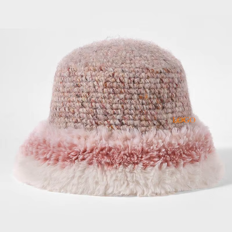 Customized Designer Pink Rainbow Fleece Wool Bucket Hat for Women Warm Winter Knitted Hat with Digital Printed Letter Pattern