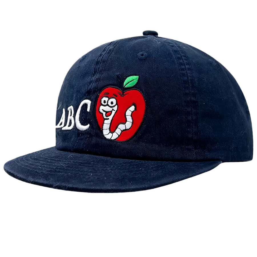 2026 New Navy Blue 6-Panel 100% Cotton ABC Apple Worm Embroidery Flat Brim Baseball Cap Unisex Adjustable Hip Hop Sports Casual
