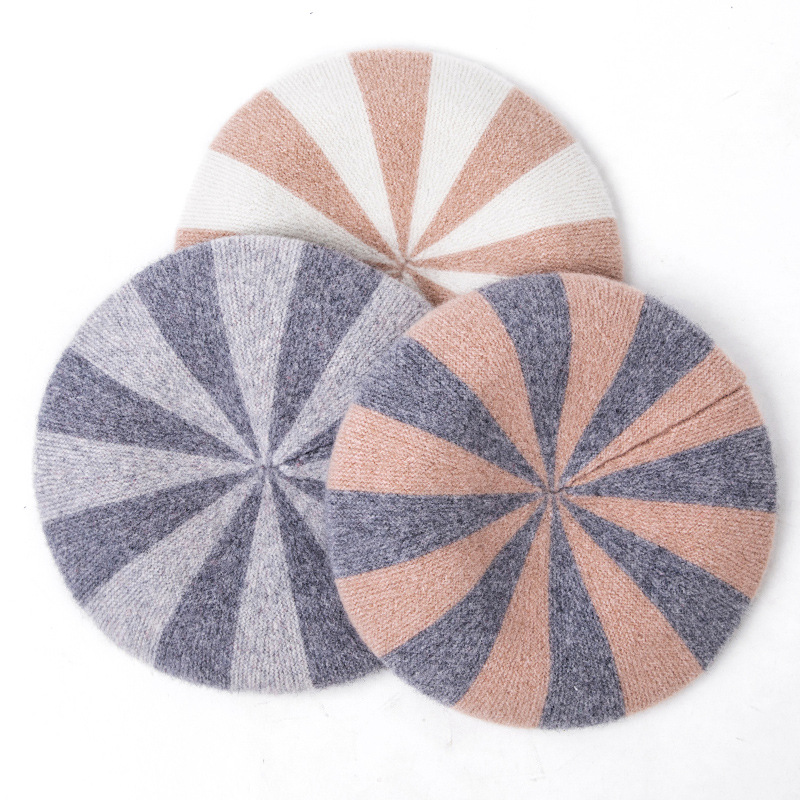 Trendy Contrasting Color 100% Wool Hat Fashion Winter-Spring New Style Knitted Hat Warm Knitted Beret for Ladies