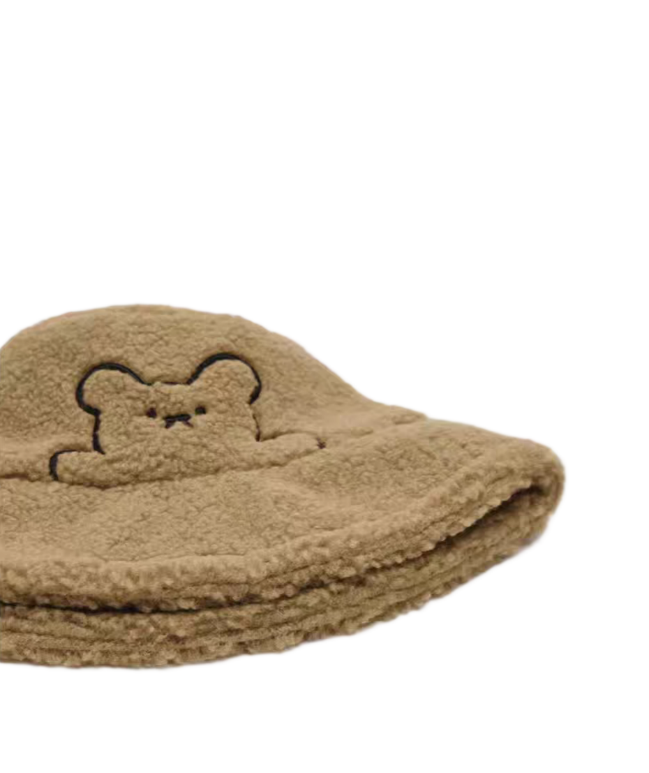 Autumn Winter Terry Fleece Teddy Bear Embroidery Bucket Hat Cute Casual Unisex Warm Outdoor Travel Hat