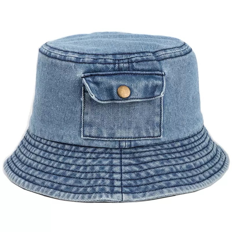 New Vintage Denim Bucket Hat with Wide Brim Small Pocket Washed for a Trendy Look Built-in Sun Protection for Outdoor Travel