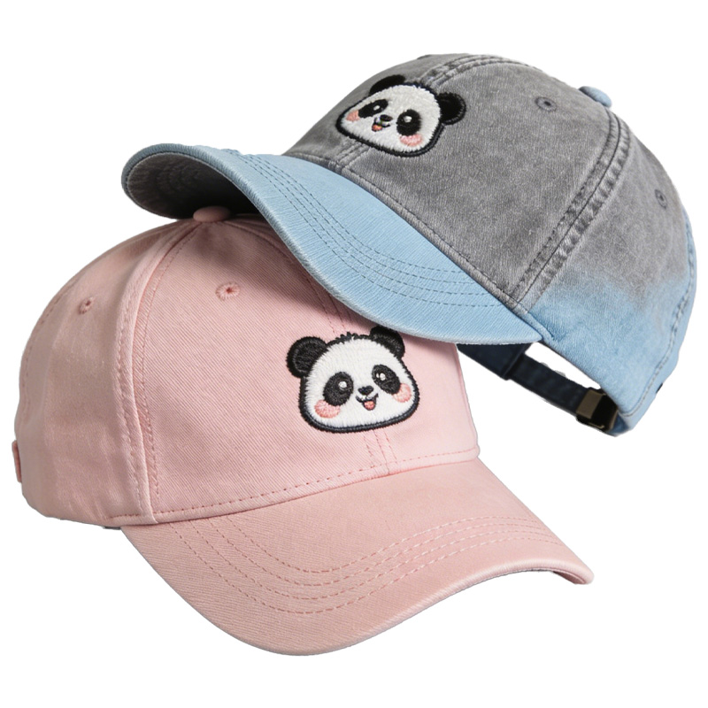 Women's Cute Little Panda Embroidered Gray Adjustable Cotton Denim Baseball Cap