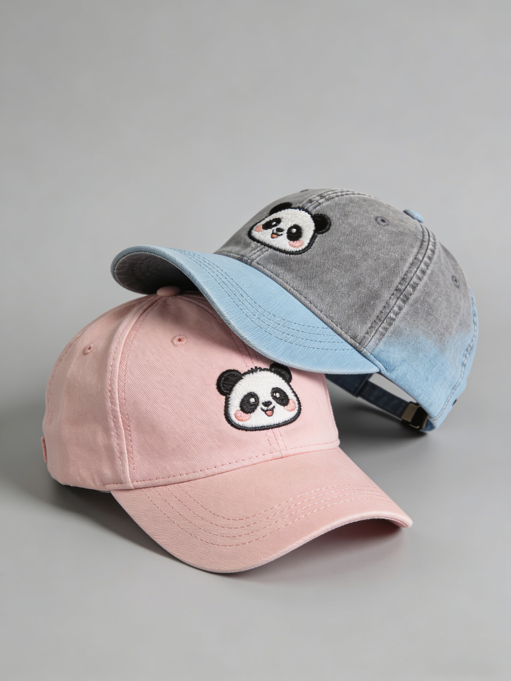 Women's Cute Little Panda Embroidered Gray Adjustable Cotton Denim Baseball Cap