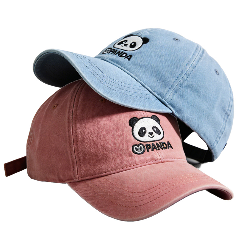 Women's Cute Little Panda Embroidered Gray Adjustable Cotton Denim Baseball Cap