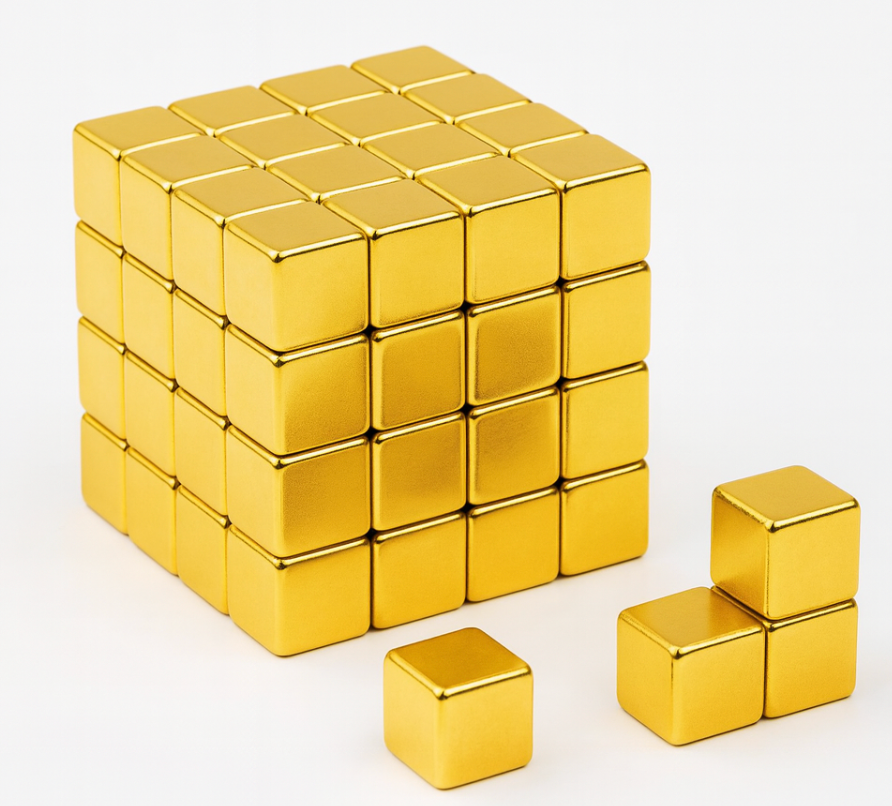 Low coercivity loss Gold coated Neodymium Cube Magnets