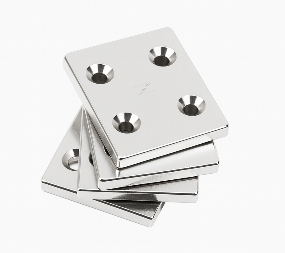 Square Neodymium Block Magnets with 4 Countersunk Holes – Rare Earth Mounting Plates