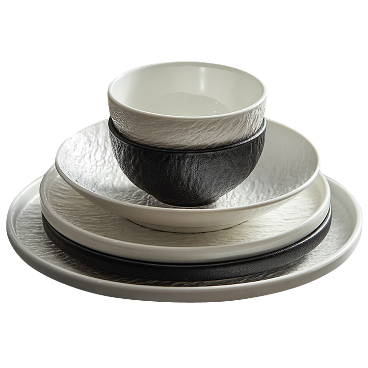 Exquisite Simple Simulate Rock Plate and Bowl Set Black and White Dinner Set Melamine Tableware Set