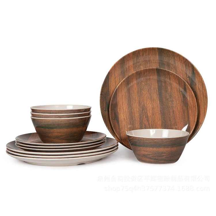 Classic Vintage Round Plastic Dinnerware Set Cheap Wholesale Melamine Tableware with Wooden Design