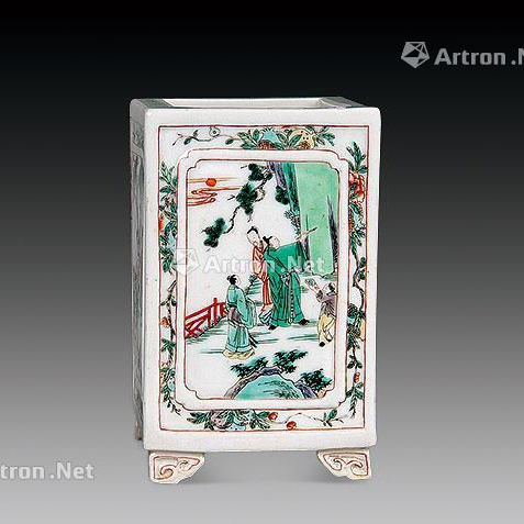 粉彩四开光人物故事笔筒（清康熙）