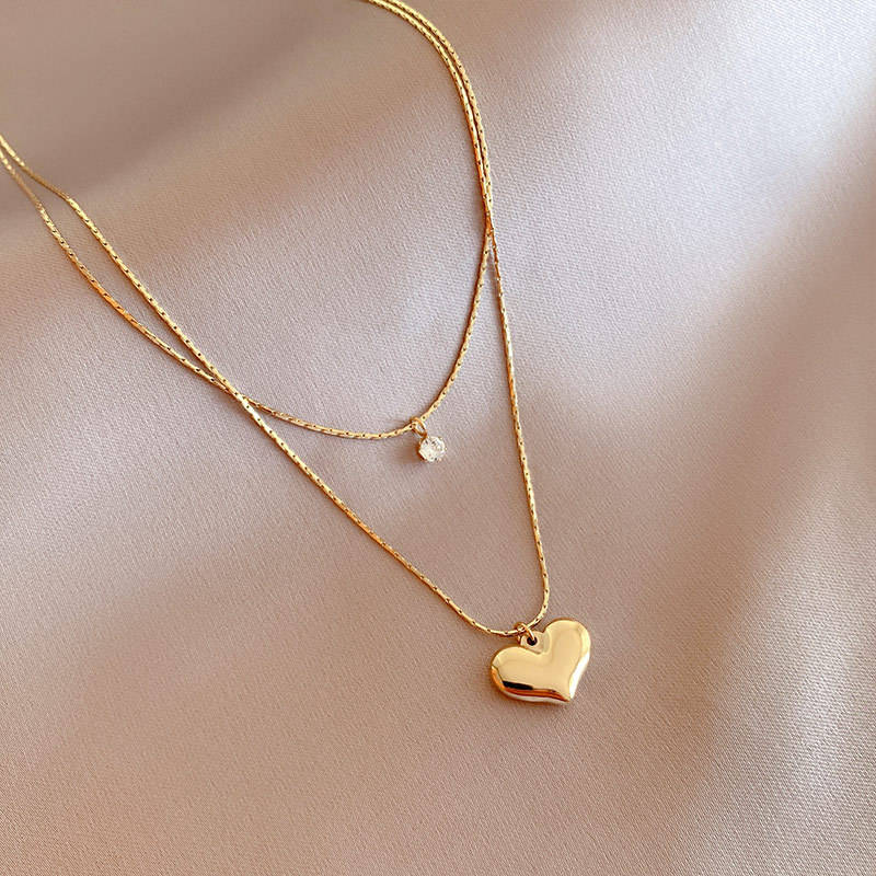 14K Gold Plated Double Layer Chain Necklaces Stainless Steel  Zircon Heart Pendant Necklaces Women Wholesale