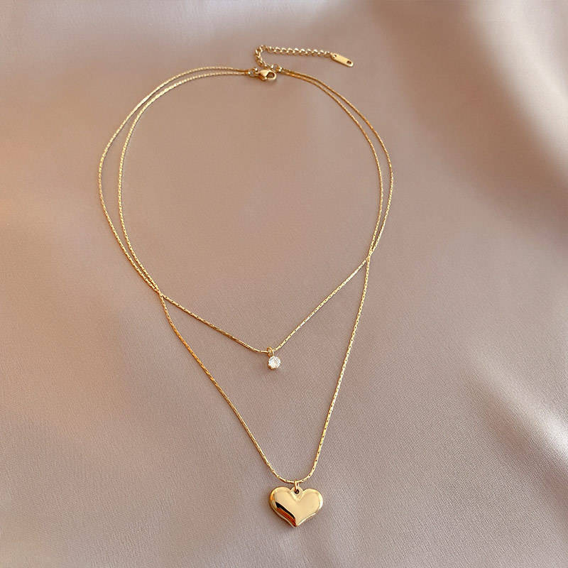 14K Gold Plated Double Layer Chain Necklaces Stainless Steel  Zircon Heart Pendant Necklaces Women Wholesale
