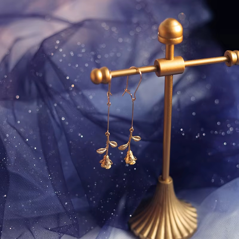 14k Gold Plated Rose Flower Stud Earrings Bohemian Freshwater Pearl Artistic Elegant Personality Gift Women