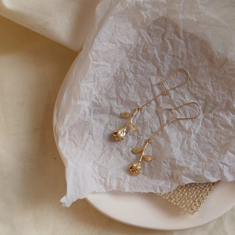 14k Gold Plated Rose Flower Stud Earrings Bohemian Freshwater Pearl Artistic Elegant Personality Gift Women