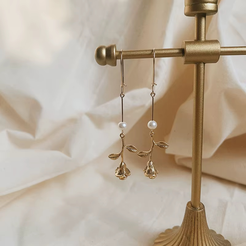 14k Gold Plated Rose Flower Stud Earrings Bohemian Freshwater Pearl Artistic Elegant Personality Gift Women