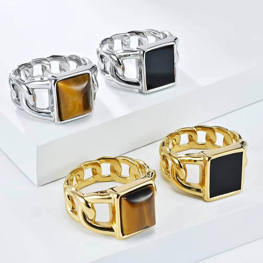 14mm Square Tiger Eye & Black Onyx Inlay Cuban Chain Stainless Steel Ring – Gold & Silver Unisex Fashion Jewelry