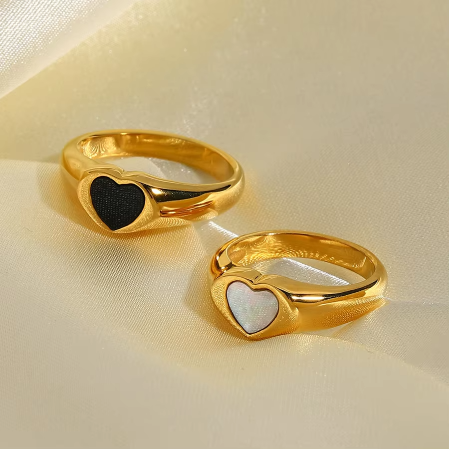 18K Gold-Plated Stainless Steel Heart Inlay Ring – Enamel & Shell Love Jewelry for Women