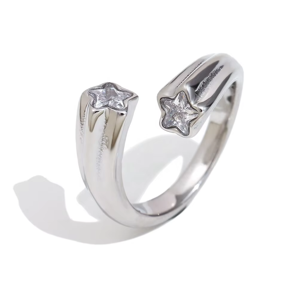 18K Gold & Silver Stainless Steel Twisted Shooting Star Rings – Zircon Open Design for Women