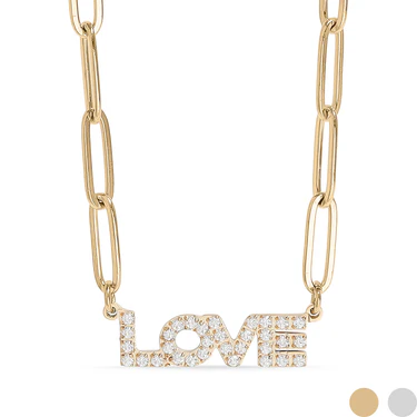 18K Gold PVD Stainless Steel Stone &quotLove Paperclip Chain Necklace
