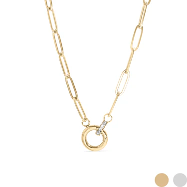 18K Gold Paperclip CZ Carabiner Charm Holder Necklace