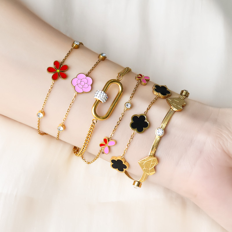 18K Gold Plated Enamel Heart Flower Bracelets With Zircon Women Link Chain Bracelets Stainless Steel Bracelets Jewelry for Sale