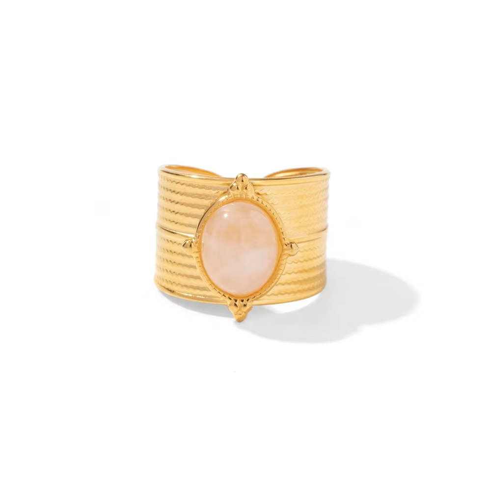 18K Gold Plated Rose Quartz Wide Adjustable Stainless Steel Ring – Vintage Gemstone Statement Jewelry