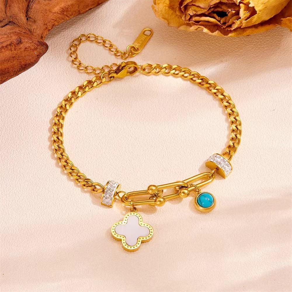 18K Gold Plated Stainless Steel Chain Bracelet – Clover Charm & Blue Stone Accent, Adjustable, Elegant Jewelry for Women, Wholesale OEM