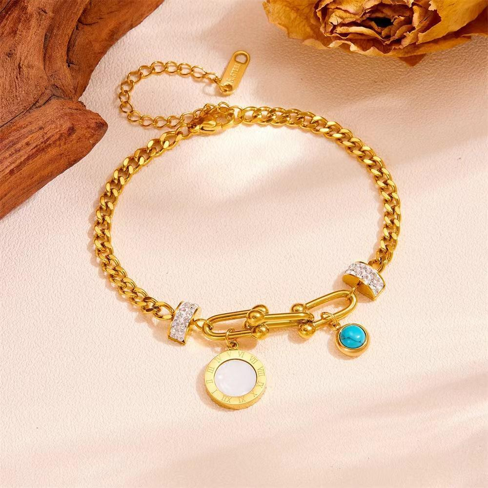 18K Gold Plated Stainless Steel Charm Bracelet for Women – Adjustable Chain with CZ Accents, Turquoise and Shell Pendants, OEM/ODM