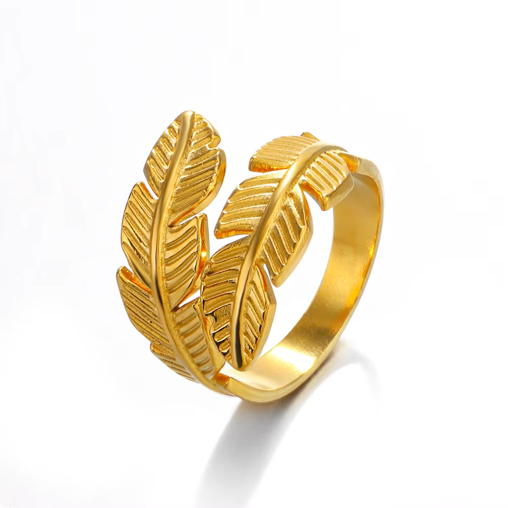 18K Gold Plated Stainless Steel Feather Leaf Ring – Adjustable Waterproof Vintage Ring for Women