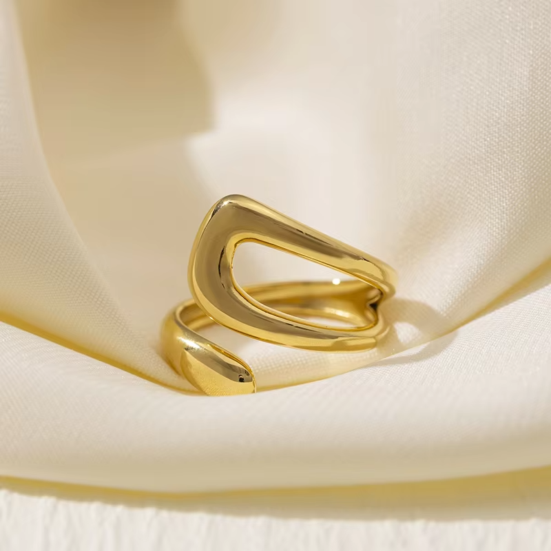18K Gold Plated Stainless Steel Geometric Open Ring – Waterproof Chunky Hollow Statement Ring for Women