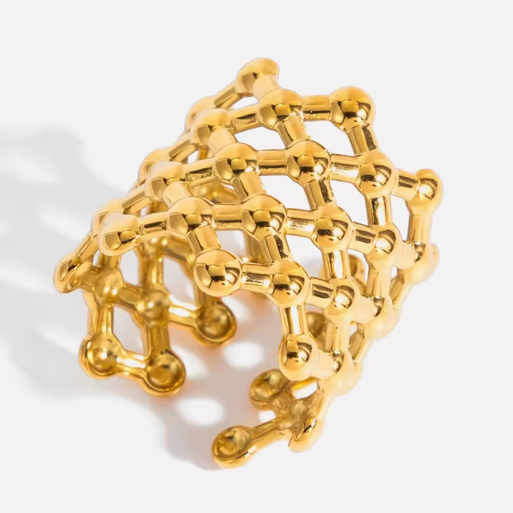 18K Gold Plated Stainless Steel Mesh Ring – Adjustable Non-Tarnish Modern Statement Jewelry
