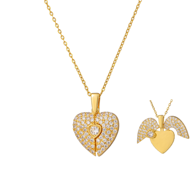 18K Gold Plated Stainless Steel Necklace Trendy Fashion Pendant Open Crystal Heart Insert Couple's Personality Necklace