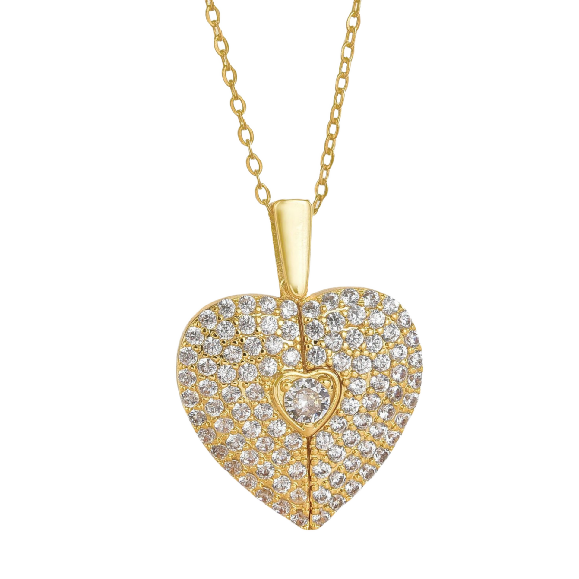 18K Gold Plated Stainless Steel Necklace Trendy Fashion Pendant Open Crystal Heart Insert Couple's Personality Necklace