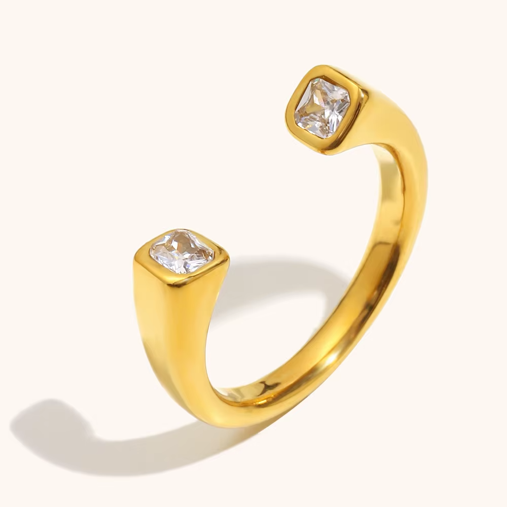 18K Gold Plated Stainless Steel Open Ring with Double Square Zircon – Minimalist Chic Adjustable Ring for Women