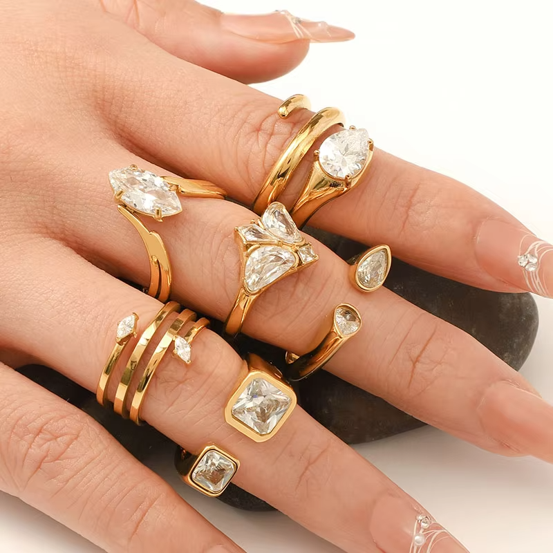 18K Gold Plated Waterproof Zircon Stainless Steel Stackable Rings Set for Women – Elegant Engagement Jewelry