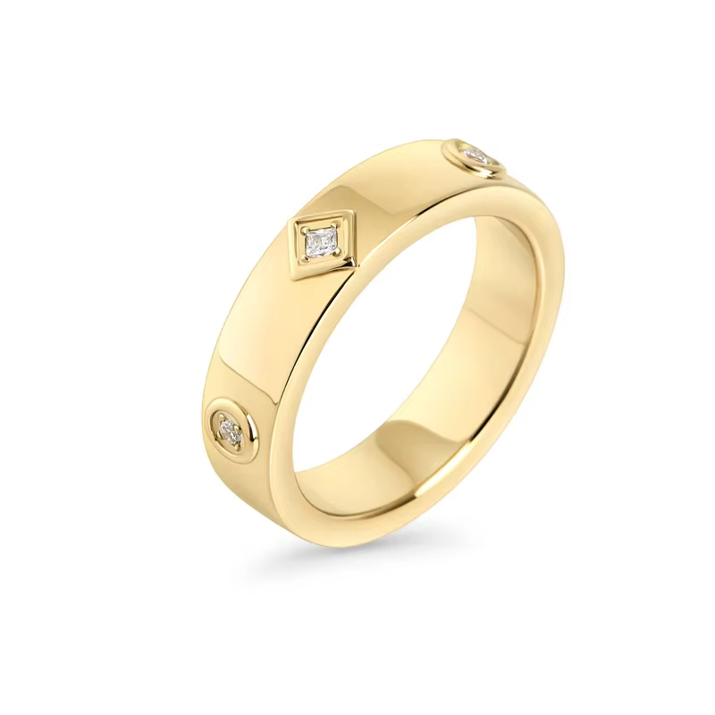 18K Gold Plated Wide Band Ring – Waterproof & Tarnish-Free Stainless Steel Zircon Ring for Women