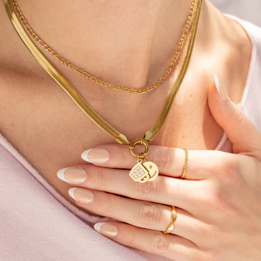 18K Gold Stainless Steel Herringbone Charm Holder Necklace