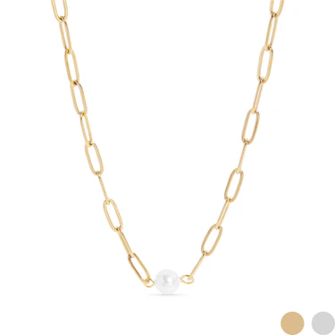 18K Gold Stainless Steel Paperclip Necklace With Pearl