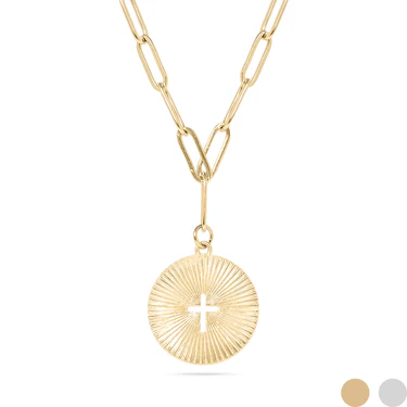 18K Gold Stainless Steel Sunburst Cross Paperclip Pendant Necklace