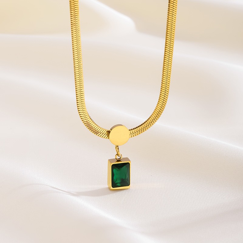 Emerald Green Rectangle Pendant Necklace – Gold Titanium Steel Chain