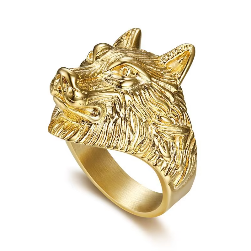 Hip Hop Stainless Steel Wolf Head Ring – 18K Gold Plated Waterproof Signet Ring for Men