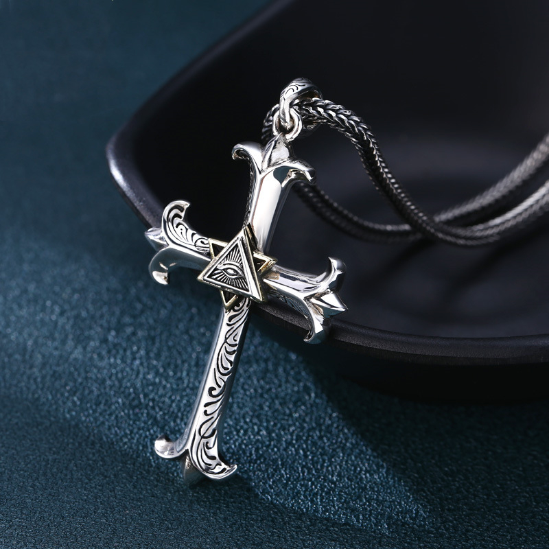 20 Inch Sterling Silver Gothic Cross Necklace | Eye of Providence Pendant on 20