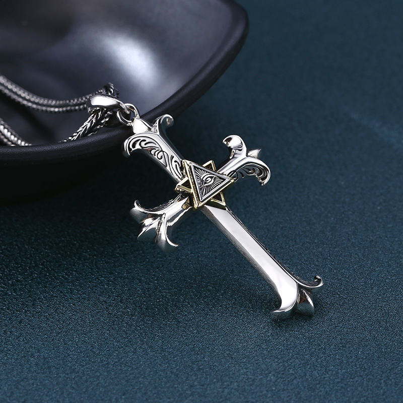 20 Inch Sterling Silver Gothic Cross Necklace | Eye of Providence Pendant on 20