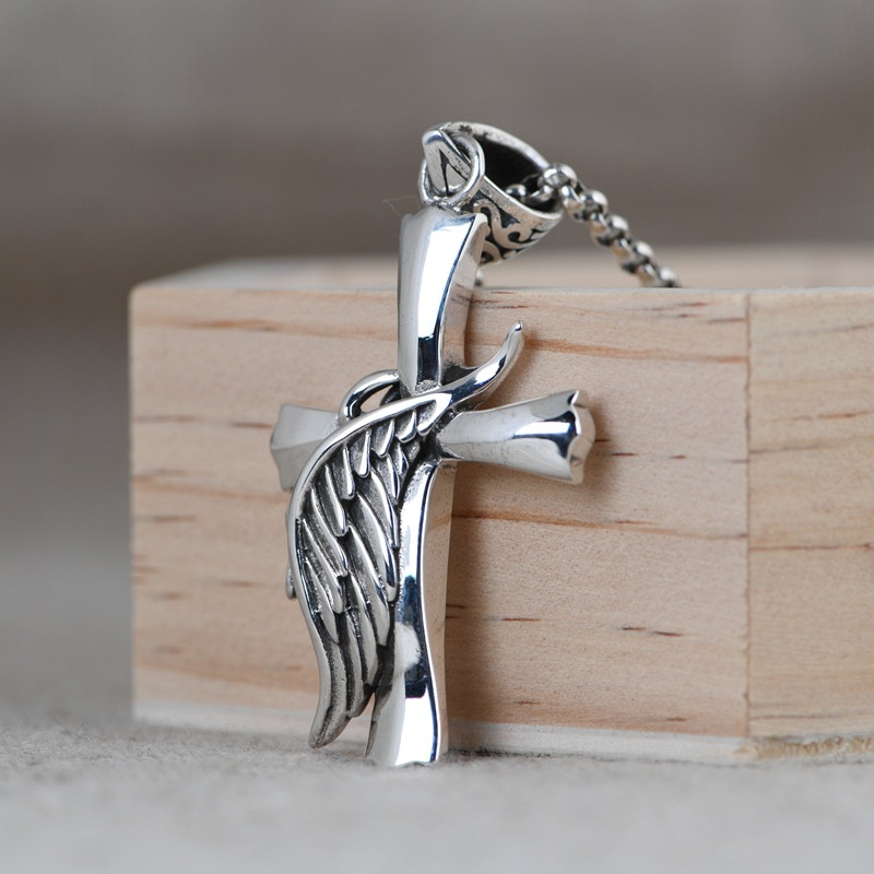 22 Inch Sterling Silver Cross Pendant Necklace with Angel Wing – Men’s 22 Inch Silver Chain Jewelry